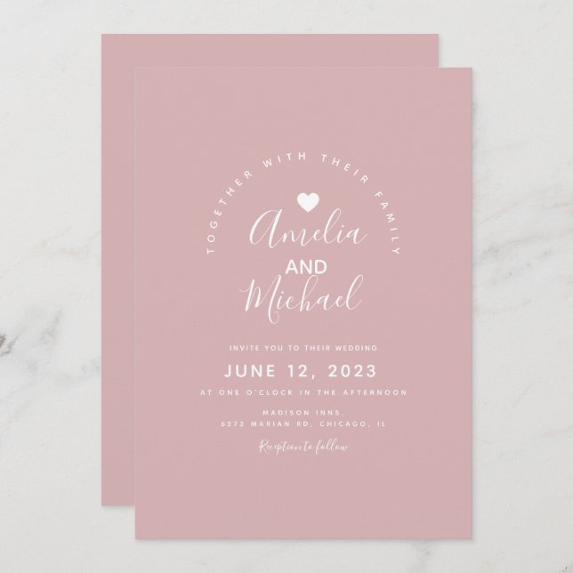 Minimal enkel matad Rosa Heart Bröllop Inbjudningar (Fram/baksida)
