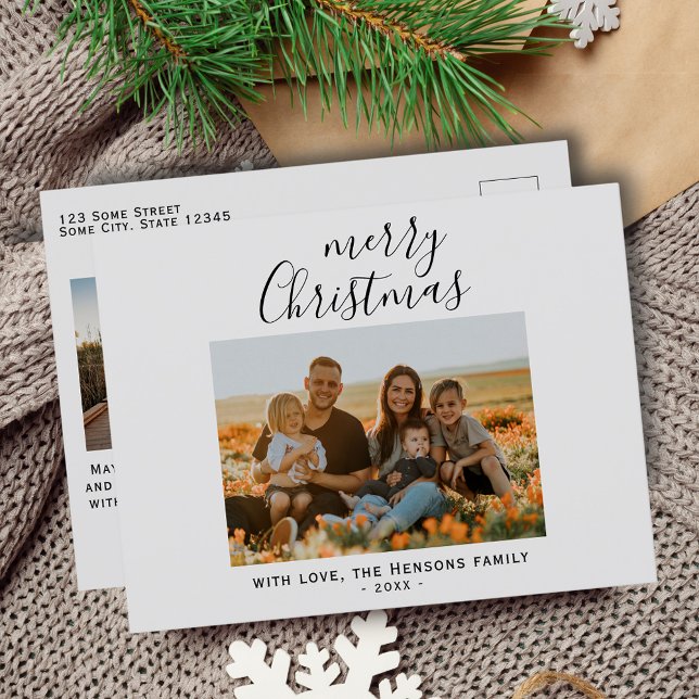 Minimal Enkel Merry Christmas Script Familjefoto Helg Vykort (Skapare uppladdad)