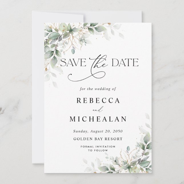 Minimal Eucalyptus Wedding Save The Date Inbjudningar (Framsida)