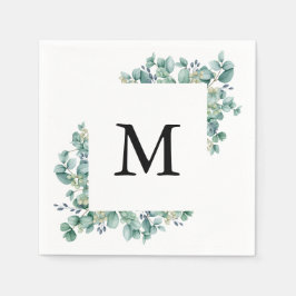 Minimal Eukalyptus Grön Blad Monogram Bröllop Pappersservett