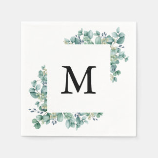 Minimal Eukalyptus Grön Blad Monogram Bröllop Pappersservett