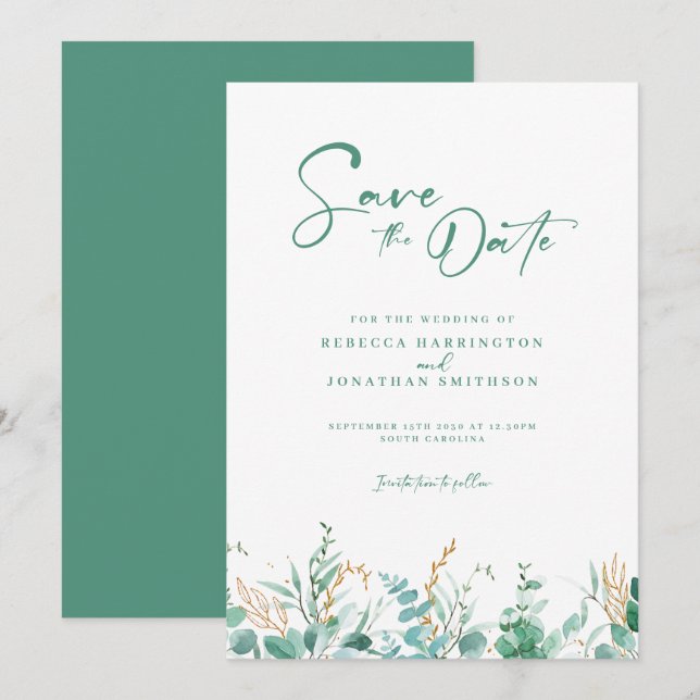 Minimal eukalyptus Guld Bröllop spara datum Datumet (Fram/baksida)