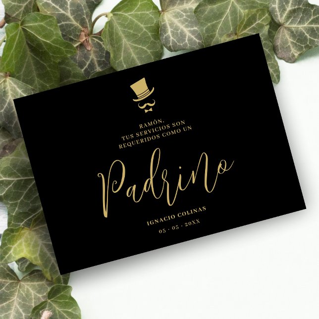 Minimal Exquisite Gorgeous Script Spanish Padrino Inbjudningar (Minimalist Exquisite Gorgeous Script Spanish Padrino Wedding Proposal Card in Black and Faux Gold.)