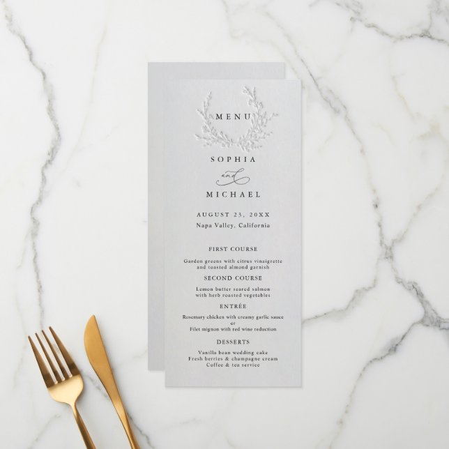 Minimal Faux Blind Deboss Cotton Wedding Flat Menu Meny (Fram/Back In Situ)