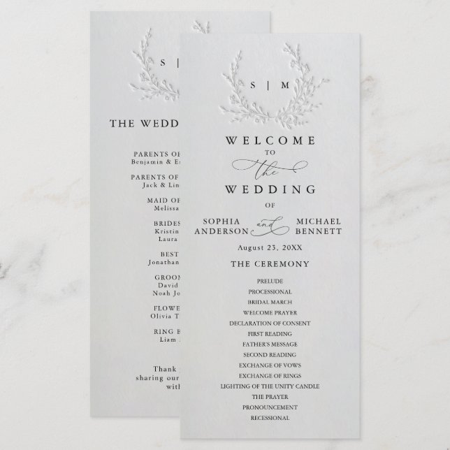 Minimal Faux Blind Deboss Cotton Wedding Program (Fram/baksida)