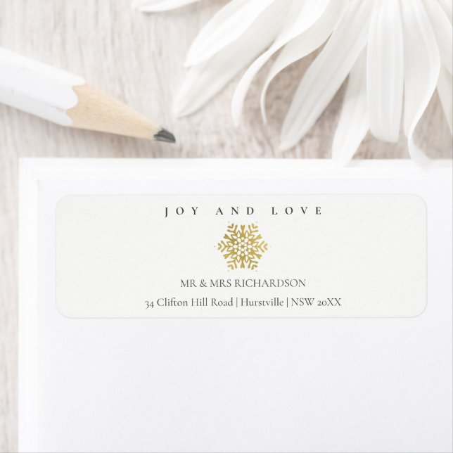 Minimal Faux Guld Snowflake Joy & Kärlek Adress Returadress Etikett (Insitu)