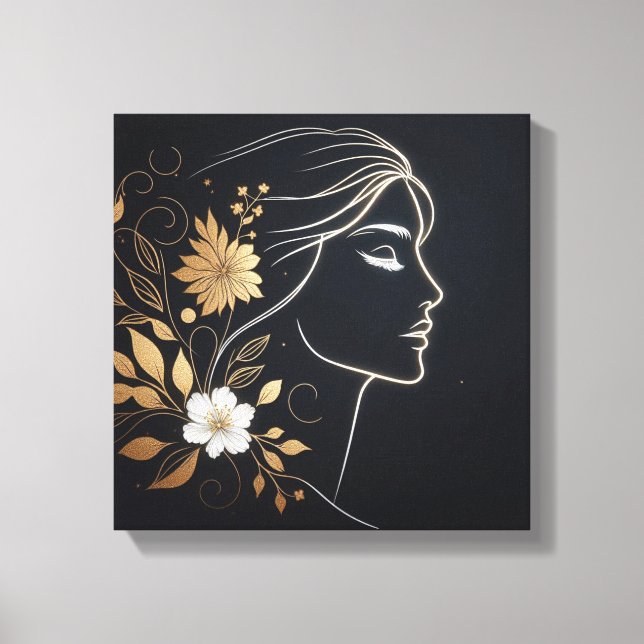Minimal Feminine Line Art with Golden Flowers Canvastryck (Framsida)