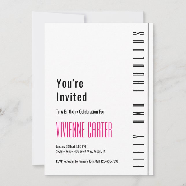 Minimal Fifty and Fabulous 50th Birthday Party Inbjudningar (Framsida)