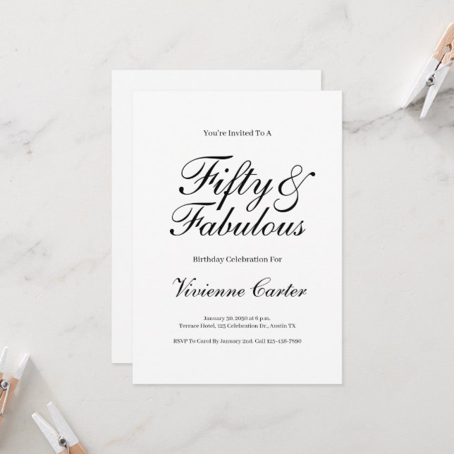 Minimal Fifty and Fabulous 50th Birthday Party Inbjudningar (Fram/Back In Situ)