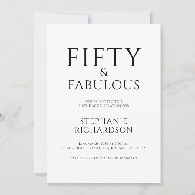 Minimal Fifty and Fabulous 50th Birthday Party  Inbjudningar (Framsida)
