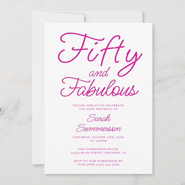 Minimal Fifty Fabulous Pink 50th Birthday Party Inbjudningar (Framsida)