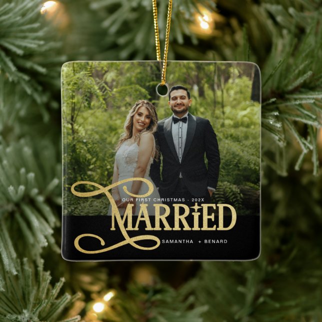Minimal First Christmas Married Couples Photo Julgransprydnad Keramik (Träd)
