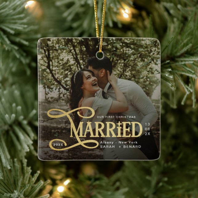 Minimal First Christmas Married Couples Photo Julgransprydnad Keramik (Träd)