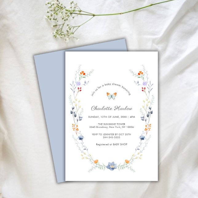 Minimal fjäril Wildblomskutning Babykläder Inbjudningar (Minimal Butterfly Wildflower Wreath Baby Shower Invitation)