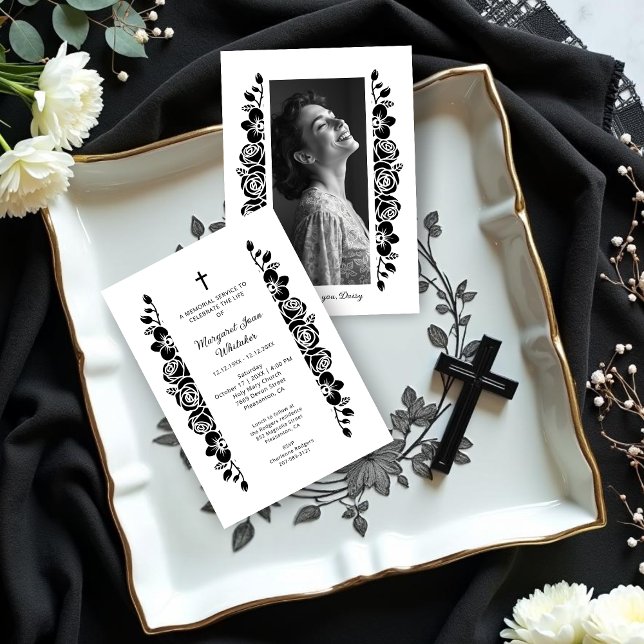Minimal Floral Back & White Garland Photo Funeral Inbjudningar (Exquisite Minimalist Floral Back & White Floral Garlands Funeral Invitation Cards with Back Photo.)