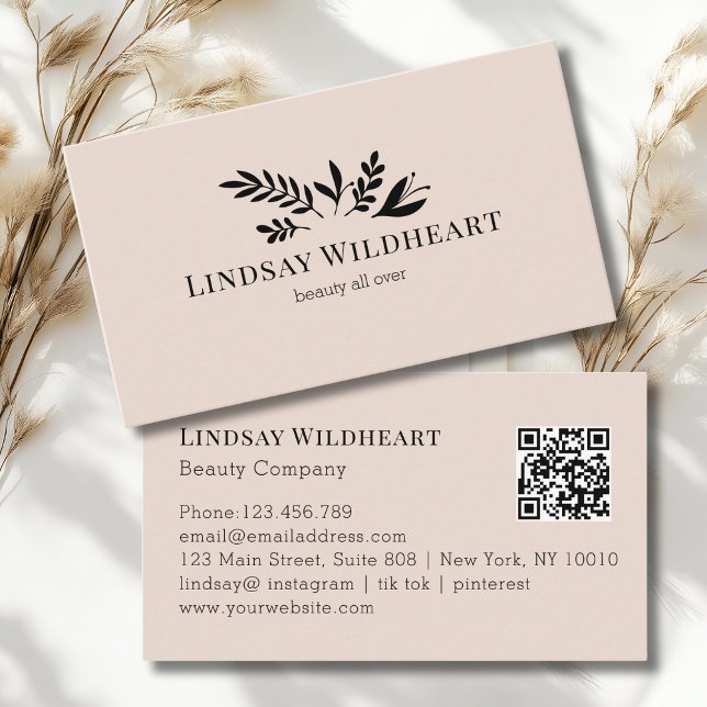 Minimal Floral Beige-Blush Botanical  QR Code Visitkort (Minimal Floral Beige - Blush Botanical Beauty QR Code Business Card)