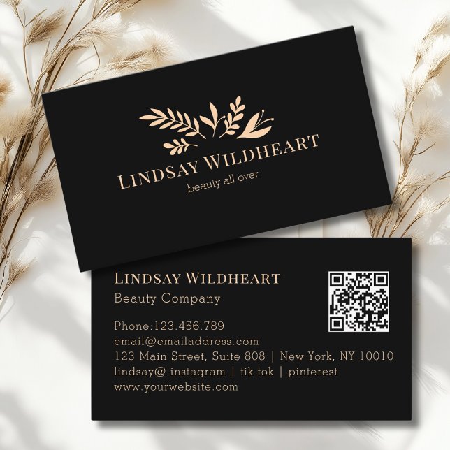 Minimal Floral Black Botanical Beauty QR Code Visitkort (Minimal Floral Black Botanical Beauty QR Code Business Card)