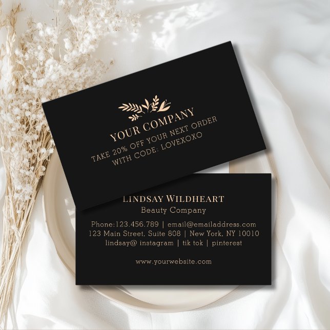 Minimal Floral Black Botanical Salon Discount Card Rabattkort (Custom Minimal Floral Black Botanical Salon Discount Card)