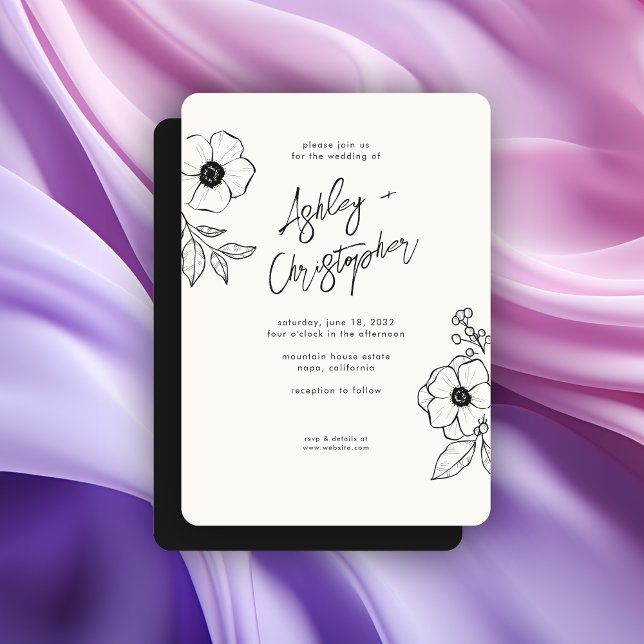 Minimal Floral Botanisk Svart Noir Bröllop Inbjudningar (Skapare uppladdad)