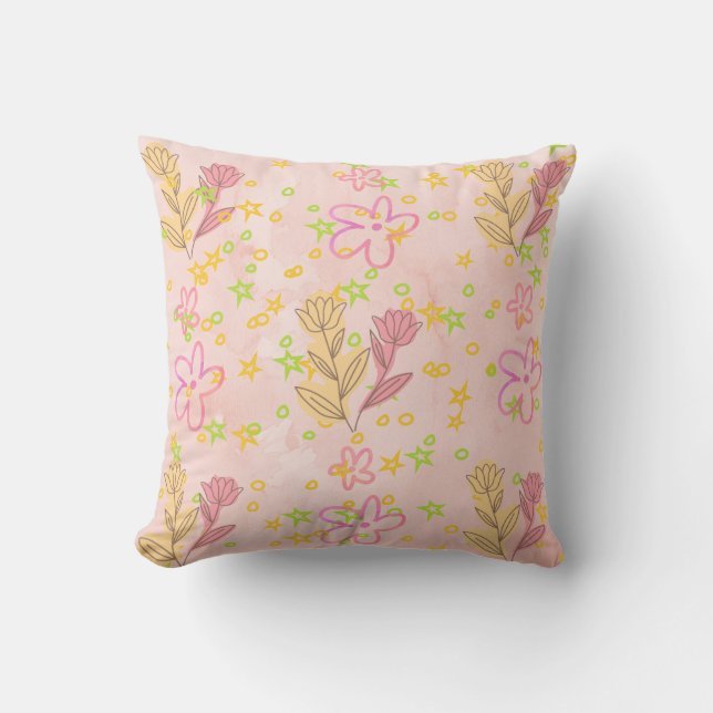 Minimal Floral Doodle Pattern –Pastel Pink pattern Kudde (Framsida)