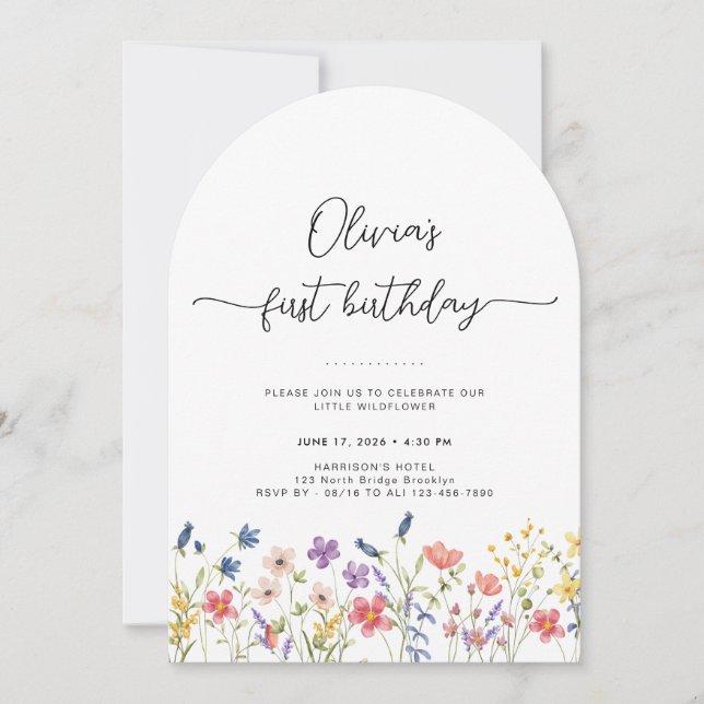 Minimal Floral First Birthday Arch Invitation Inbjudningar (Framsida)