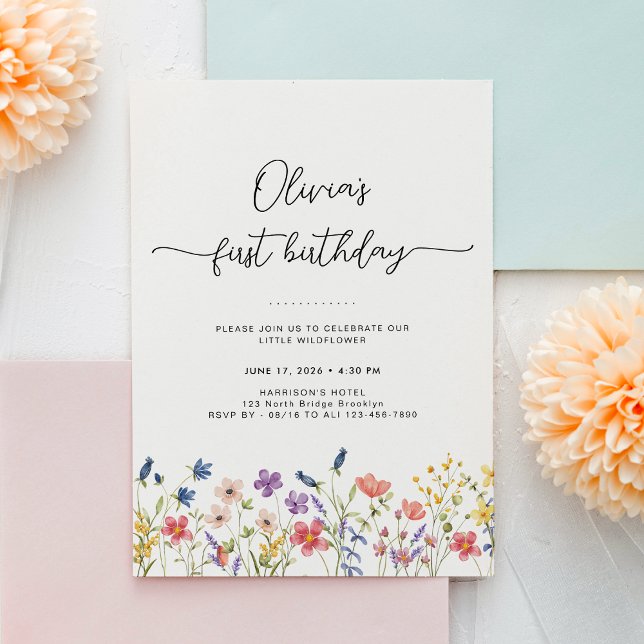 Minimal Floral First Birthday Invitation Inbjudningar (Skapare uppladdad)