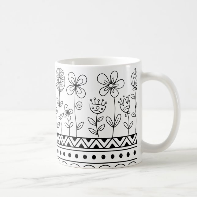Minimal Floral Folk Pattern Mug – Boho Line Art Kaffemugg (Höger)