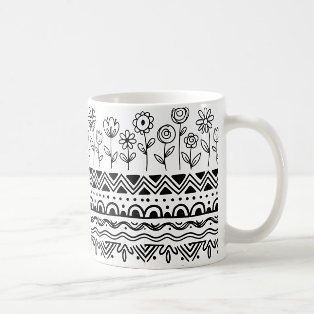 Minimal Floral Folk Pattern Mug – Boho Line Art  Kaffemugg (Höger)
