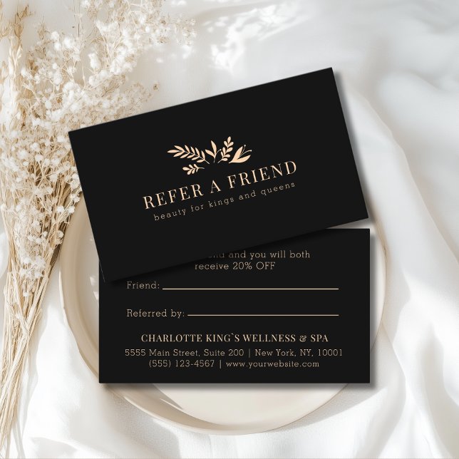 Minimal floral svart botanisk  rabattkort (Custom Minimal Floral Black Botanical Referral Card)