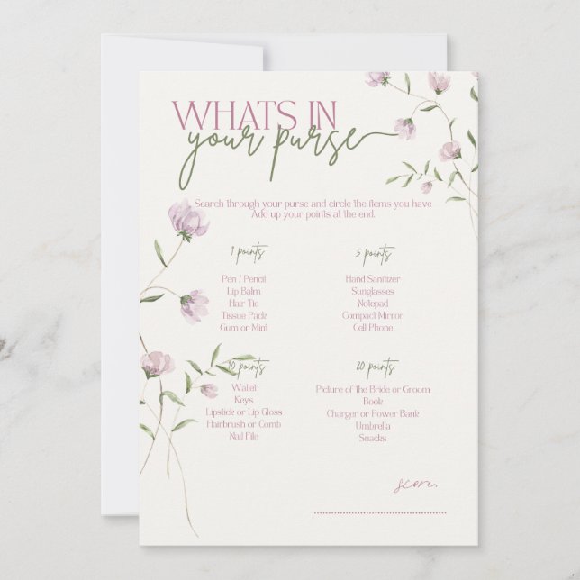 Minimal floral Vad finns i din handväska spel Inbjudningar (Framsida)