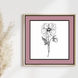Minimal Flower Black Line Art Mauve Plum Gräns Poster