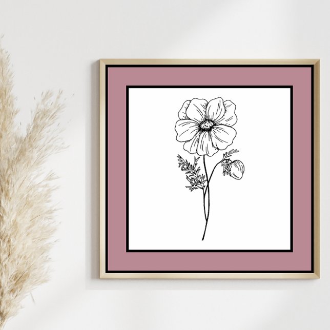 Minimal Flower Black Line Art Mauve Plum Gräns Poster (Skapare uppladdad)