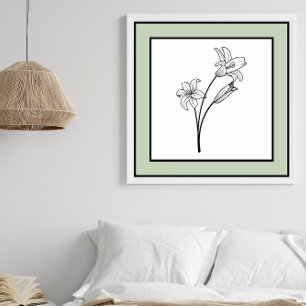 Minimal Flowers Black Line Art Blek Grönt Gräns Poster