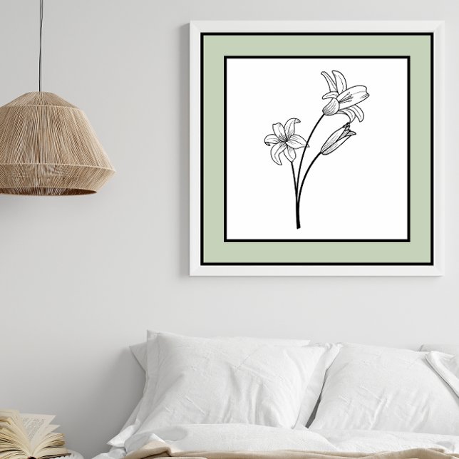 Minimal Flowers Black Line Art Blek Grönt Gräns Poster (Skapare uppladdad)