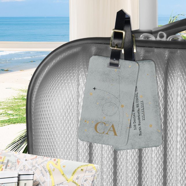 Minimal flygplansfärd Slate Grått Guld Monogram Tr Bagagebricka (Minimal Airplane Slate Gray Gold Monogram Travel Luggage Tag ©Susanne Sachers - Sunny Wanderlust 🌞✈)