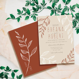 Minimal Foliage Rust Cream Löv Bröllop Inbjudningar