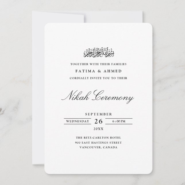 Minimal formell kalligrafi skript Nikah-ceremoni Inbjudningar (Framsida)