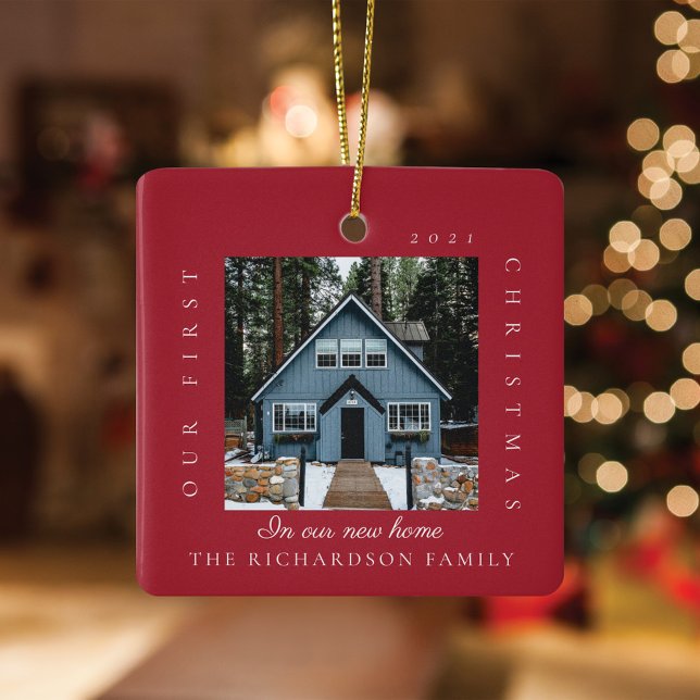 Minimal första jul i vårt nya hem 2-foto julgransprydnad keramik (Minimal First Christmas In Our New Home 2 Photo Ceramic Ornament)