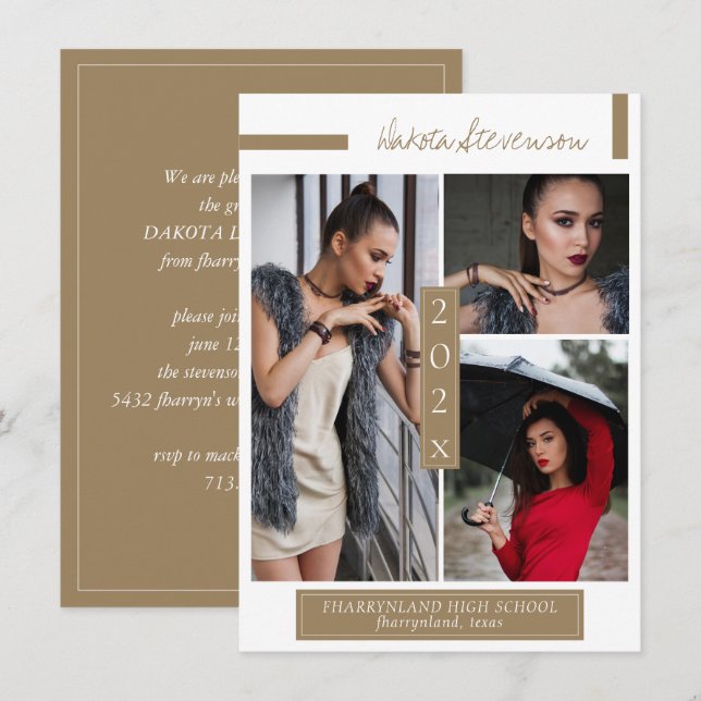 Minimal foto för Mörk Guld och vit Studenten Inbjudningar (Fram/baksida)