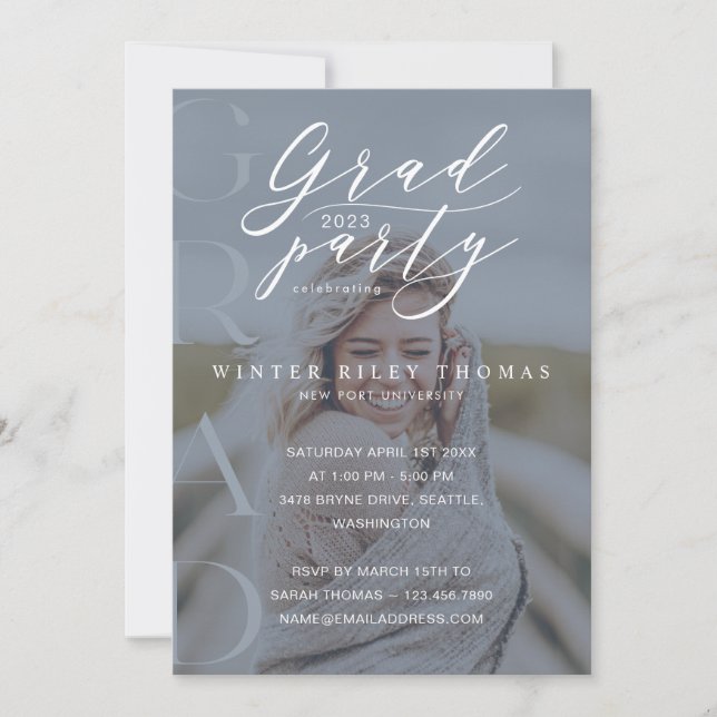 Minimal foto Grad Party Modern Calligraphy Blue Inbjudningar (Framsida)