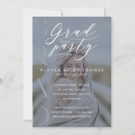 Minimal foto Grad Party Modern Calligraphy Blue Inbjudningar