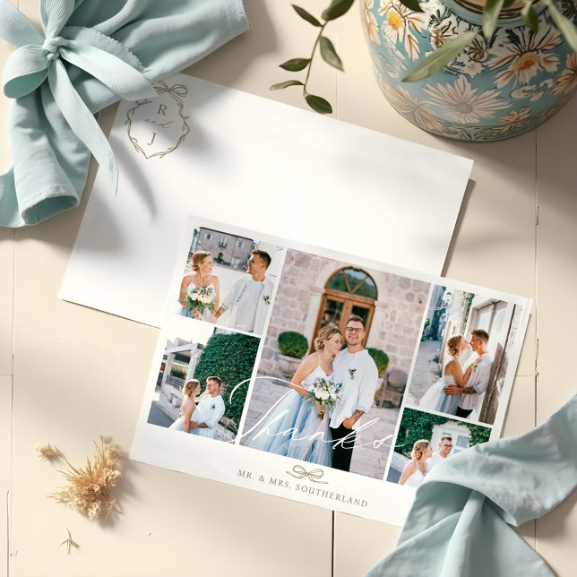 Minimal Fotokollage Script Bröllopsbåge Monogram Tack Kort (Minimal Photo Collage Script Wedding Bow Monogram Thank You Card)