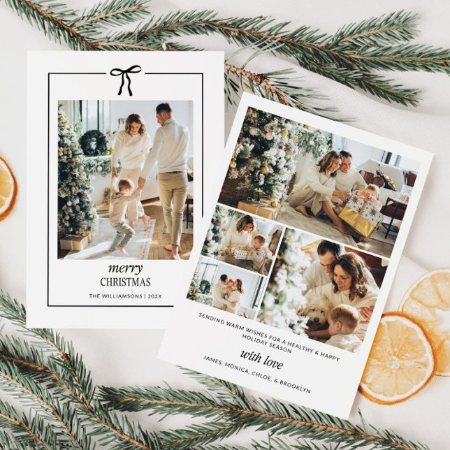 Minimal fotopatjulkort för familjen med Bow Julkort (Minimal Coquette Family Photo Christmas Card)