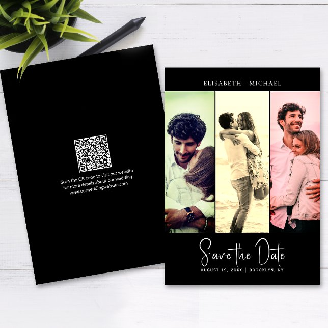 Minimal fotosvart Retro QR-kod Spara datum Inbjudningar (The QR code makes it easy for guests to visit your website for more details about your wedding.)