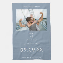 Minimal fototext - damm blå Spara datum Kökshandduk