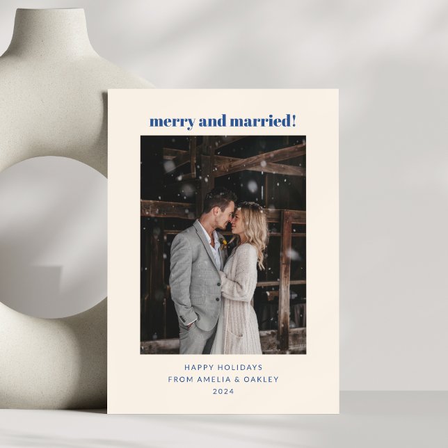Minimal Fransk Blue Merry Married julfoto Julkort (Skapare uppladdad)