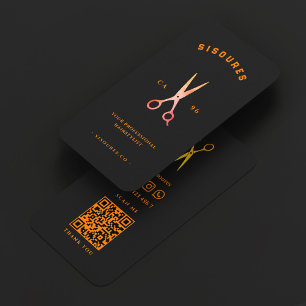 Minimal frisör svart orange sax barberare visitkort