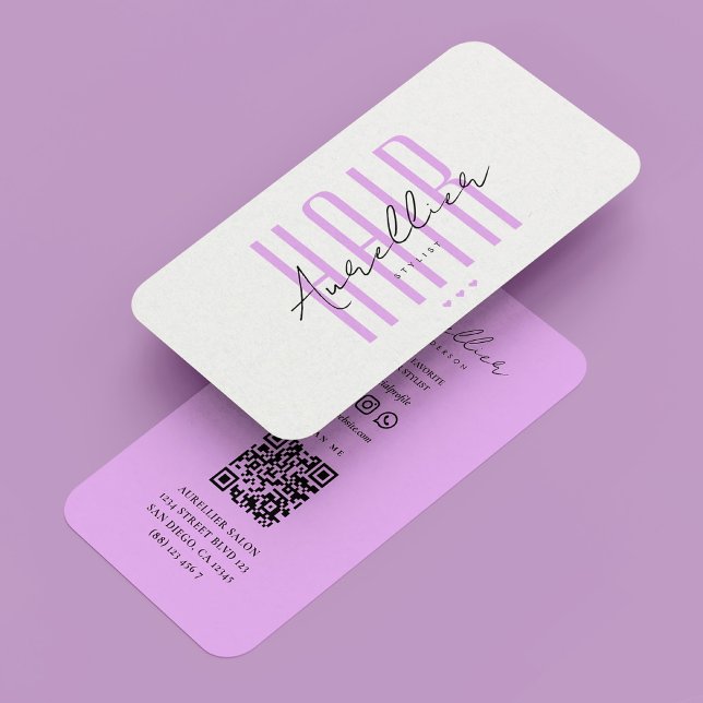 Minimal frisörmanus vitt lila visitkort (Minimal Hair Stylist Script White Purple Business Card
)