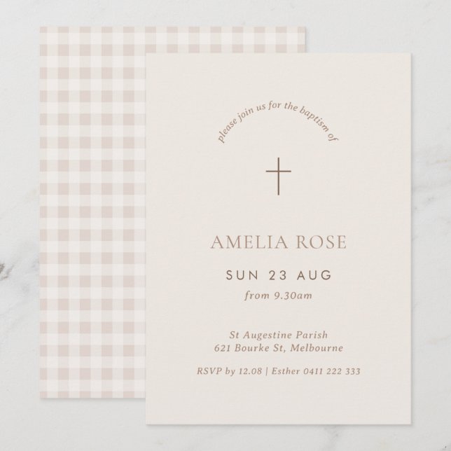 Minimal Gingham Baptism Christening Kor Inbjudan (Fram/baksida)