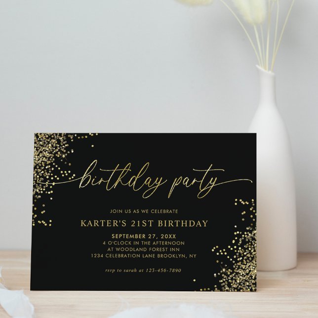 Minimal Glam Black Guld Confetti Vuxen Birthday Inbjudningar (Skapare uppladdad)